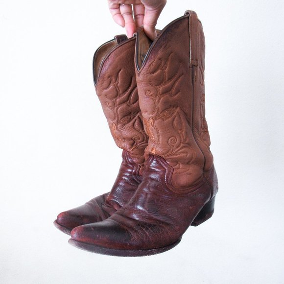 VINTAGE Western Embroidered Leather Cowboy Boots Brown Mid Calf Size Mens 9 - Picture 2 of 12